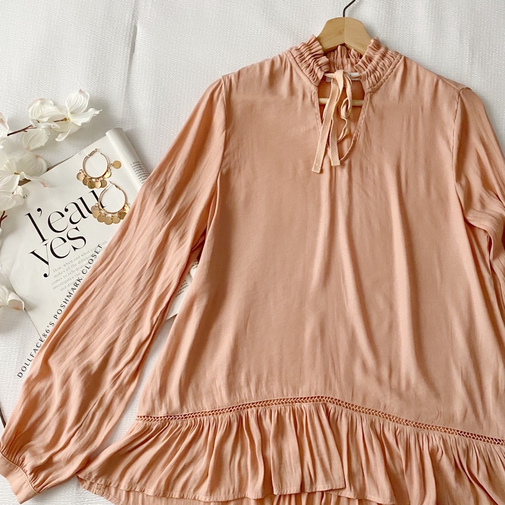 Ro + De Pink High Ruffle Neck Drop Waist Blouse
